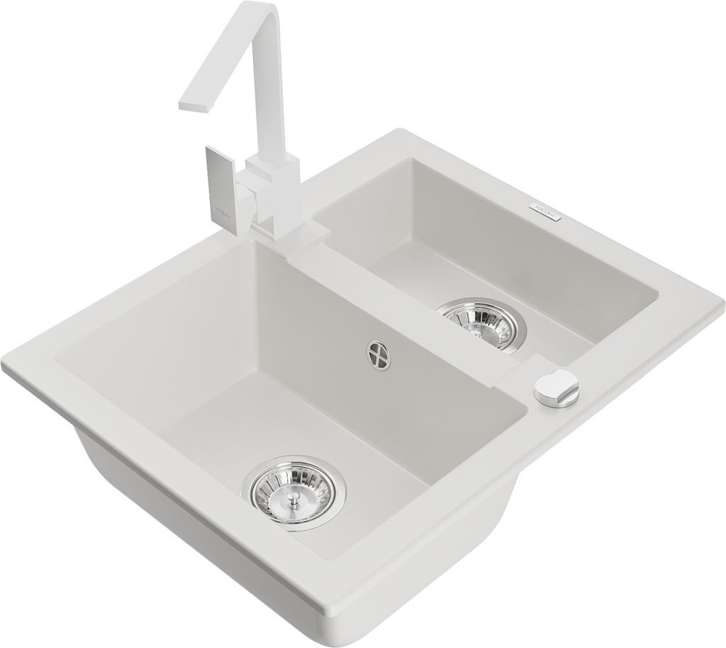 MEXEN/S Carlos granitový dřez 1.5 včetně baterie Rita, bílá 6518-20-670300-20