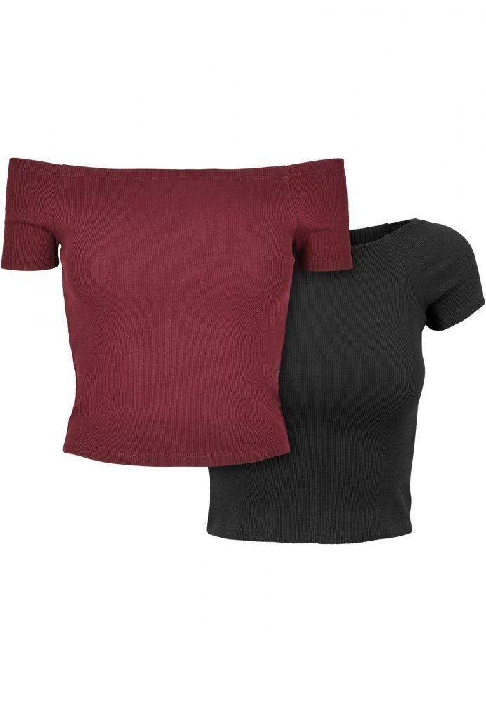Ladies Off Shoulder Rib Tee 2-Pack - redwine+black L
