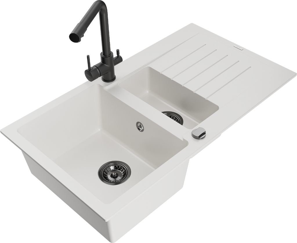 MEXEN/S Matias granitový dřez 1.5 s odkapávačem včetně baterie Duero, bílá 6502-20-671600-70