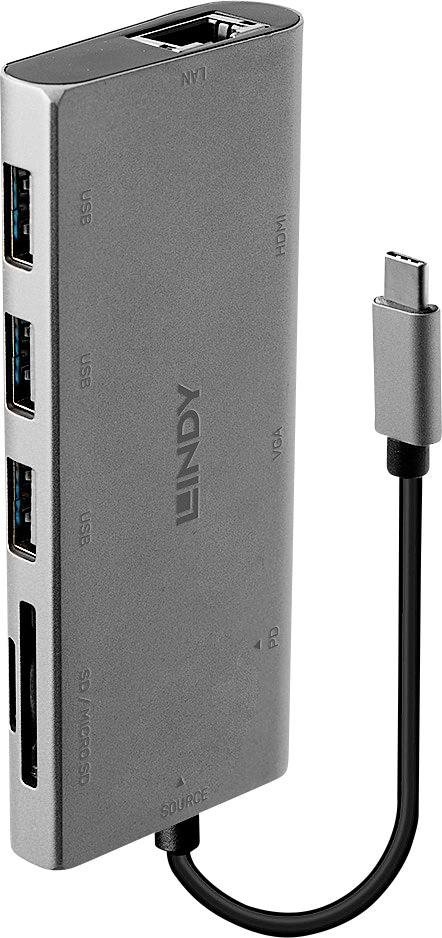 LINDY 43278 USB-C(TM) konvertor [1x USB-C(TM) zástrčka - 9x USB-C(TM) zásuvka, VGA zásuvka, HDMI zásuvka, RJ45 zásuvka, USB 3.2 gen. 1 zásuvka A, slot na SD karty, slot pro micro SD karty] šedá