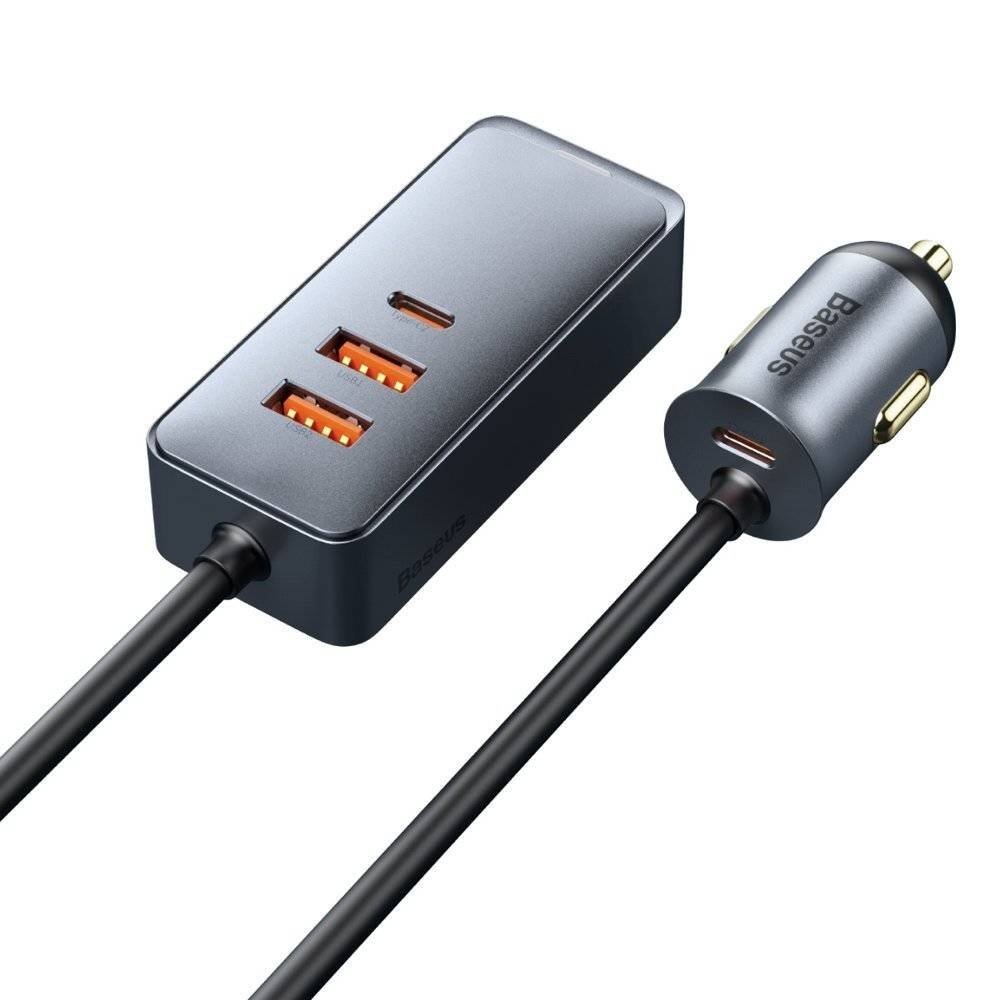 Baseus CCBT-A0G Rychlonabíjecí Autonabíječka s Prodlužovacím Kabelem 120W 2x USB + 2x USB-C Gray