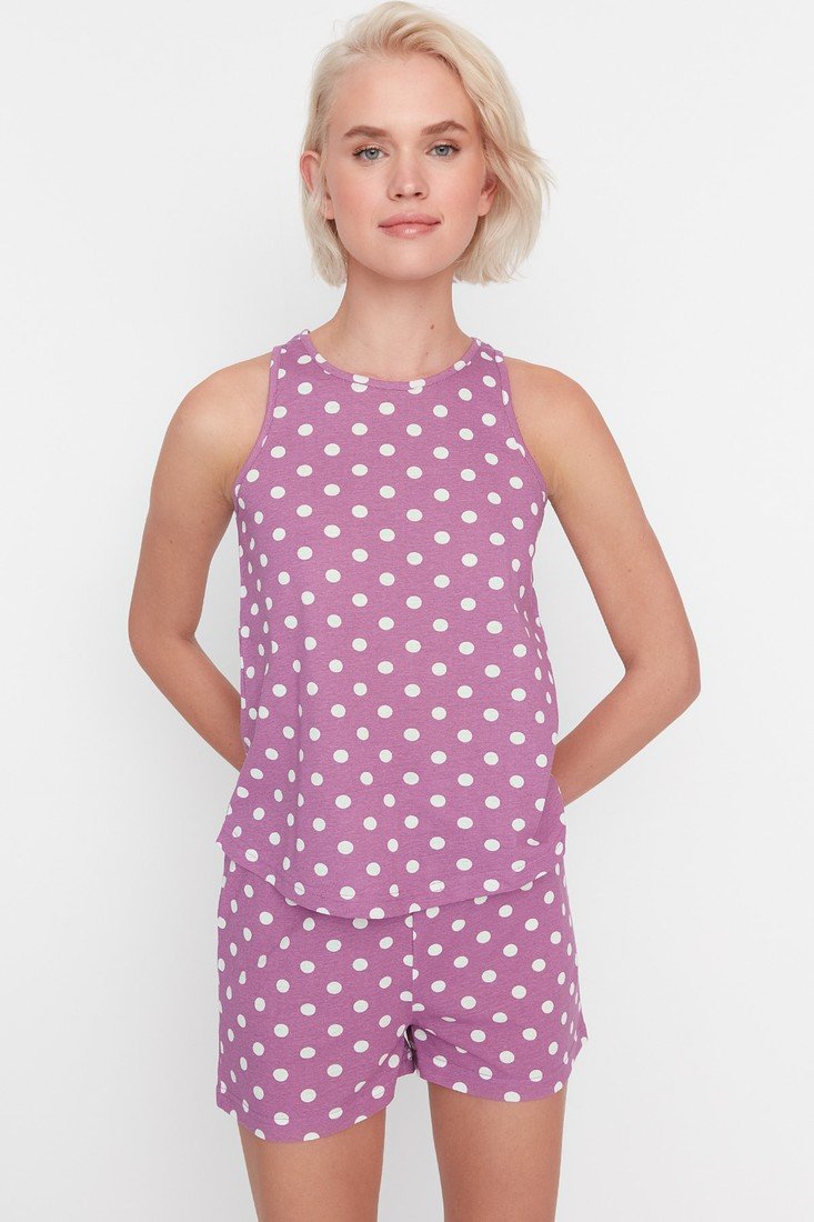 Trendyol Lilac Polka Dot Knitted Pajamas Set