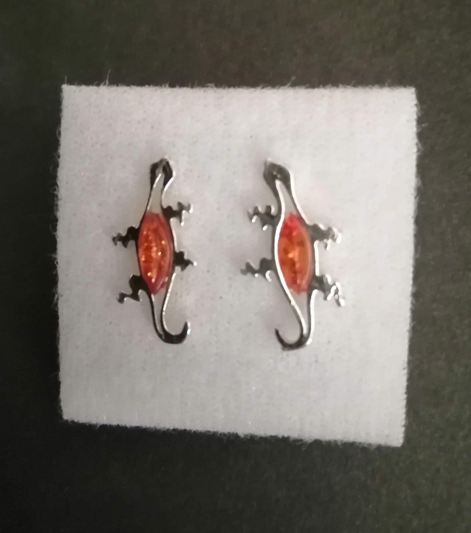 Ještěrky zdobené jantarem - stříbrné náušnice