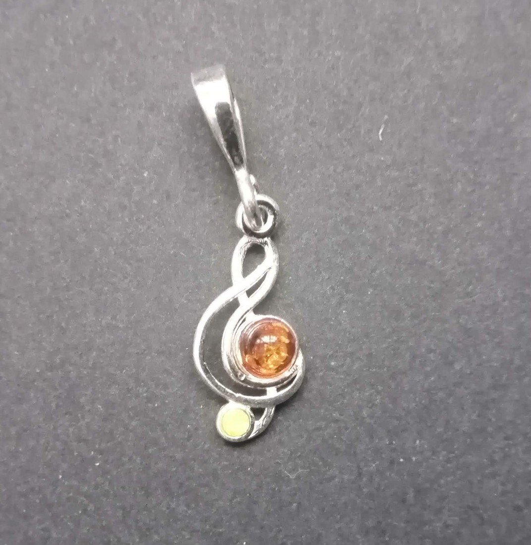 Houslový klíč s jantarem - stříbrný přívěsek