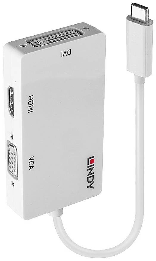 Konvertor USB-C(TM), VGA LINDY [1x USB-C(TM) zástrčka - 1x DVI zásuvka 24 plus 5pólová, HDMI zásuvka, VGA zásuvka] bílá