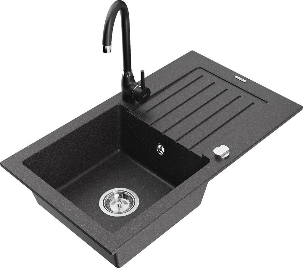 MEXEN/S Pablo granitový dřez s odkapávačem včetně baterie Telma, černá kropenatá 6510-76-670200-70