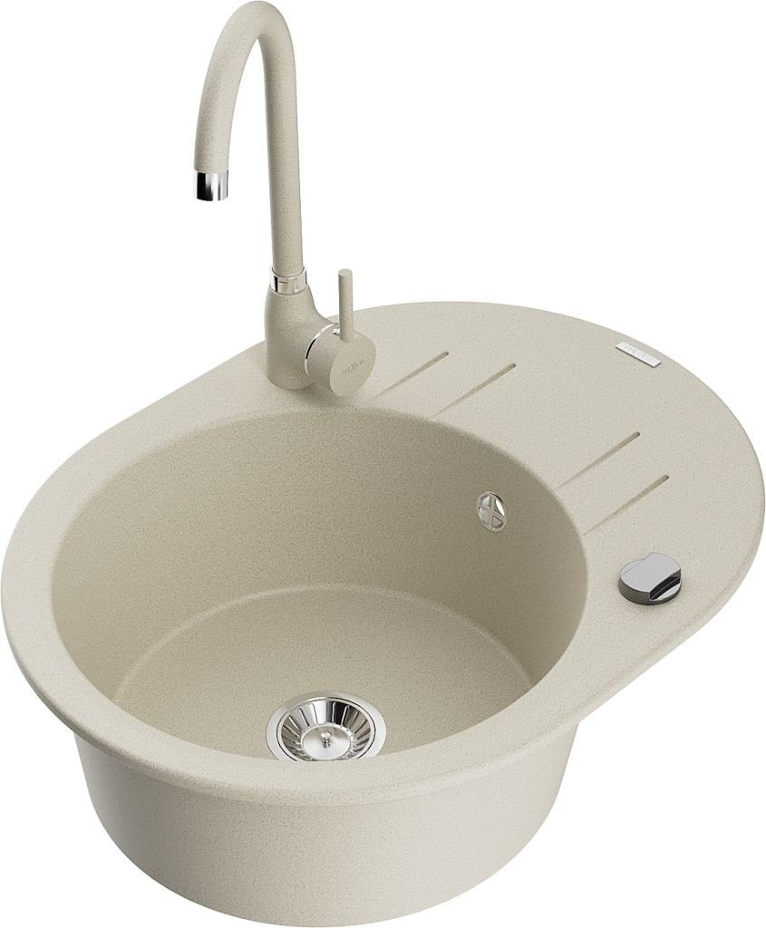 MEXEN/S Kevin granitový dřez s odkapávačem včetně baterie Telma, béžová 6517-69-670200-69