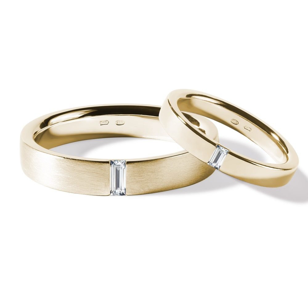 Snubní sada s diamantem v brusu bageta ve žlutém zlatě KLENOTA