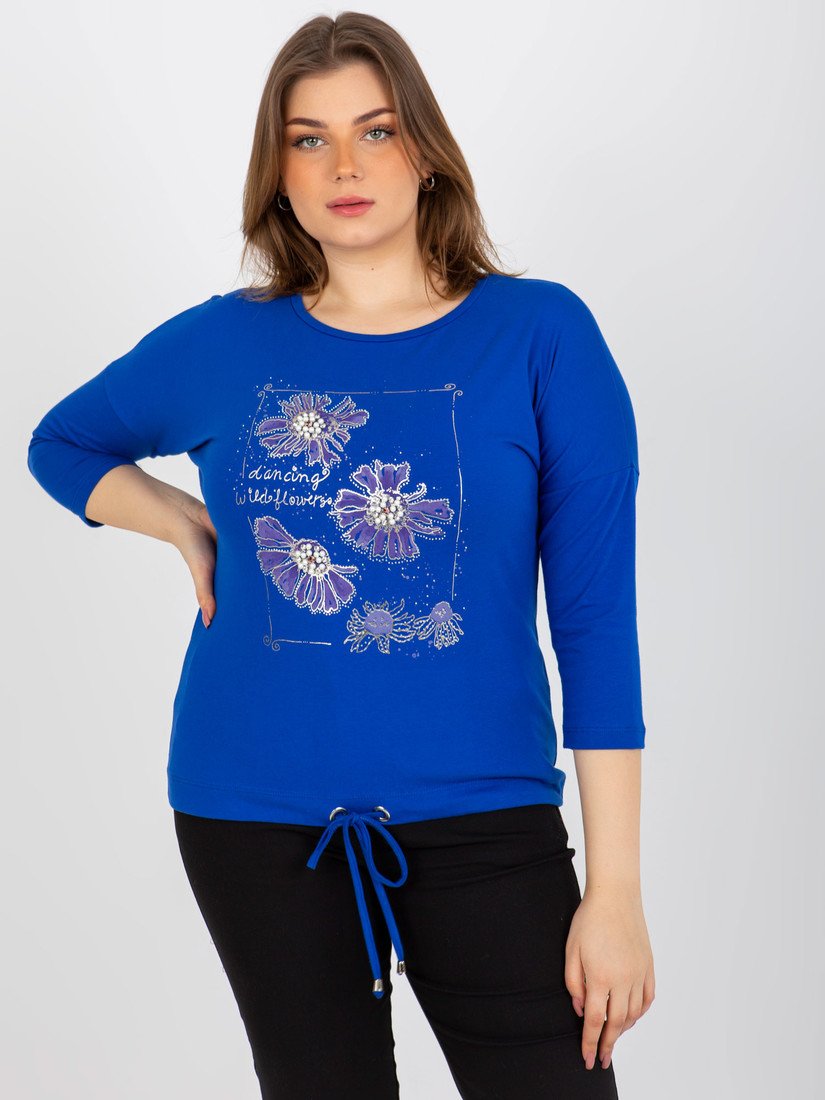 Dámská halenka plus size s 3/4 rukávy a potiskem - modrá