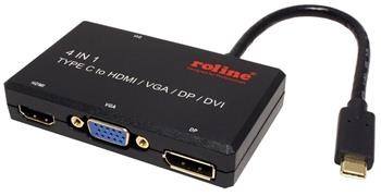 Roline Multiport adaptér USB C(M) -> HDMI A(F)/ VGA(F)/ DVI-D(F)/ DP(F), 4K@60Hz, 15cm