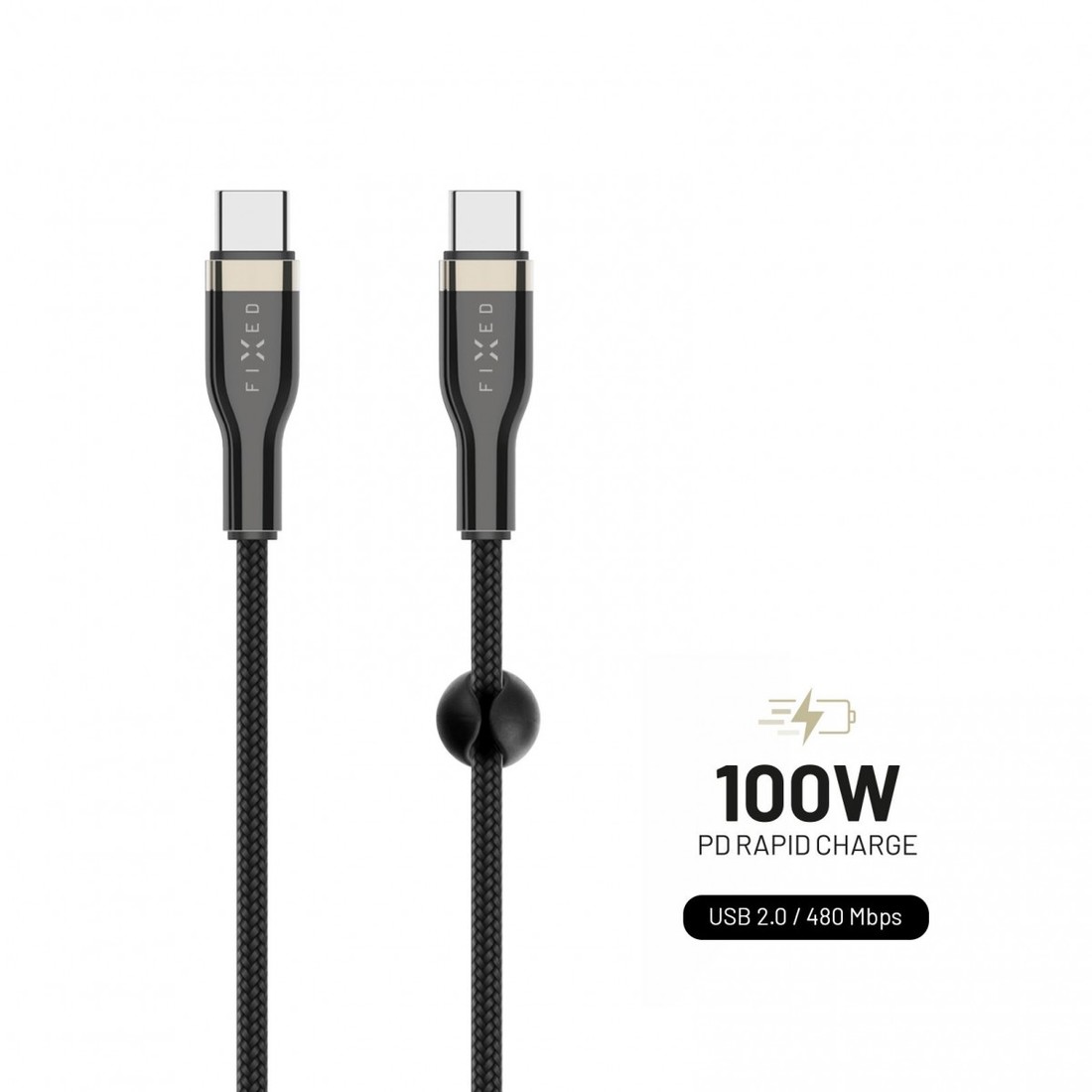 Dlouhý nabíjecí a datový opletený kabel FIXED s konektory USB-C/USB-C a podporou PD, 2m, USB 2.0, 100W, černý
