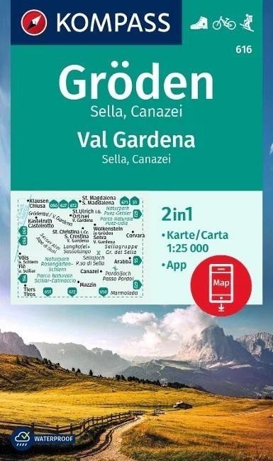 Gröden, Val Gardena, Sella, Canazei, 1:25 000 / turistická mapa KOMPASS 616