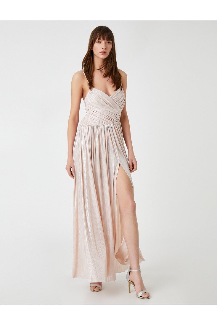 Koton Long Evening Dress Draped Strap Shiny
