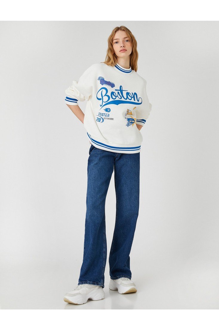 Koton College Sweatshirt Crew Neck Printed Ribbed Long Sleeve