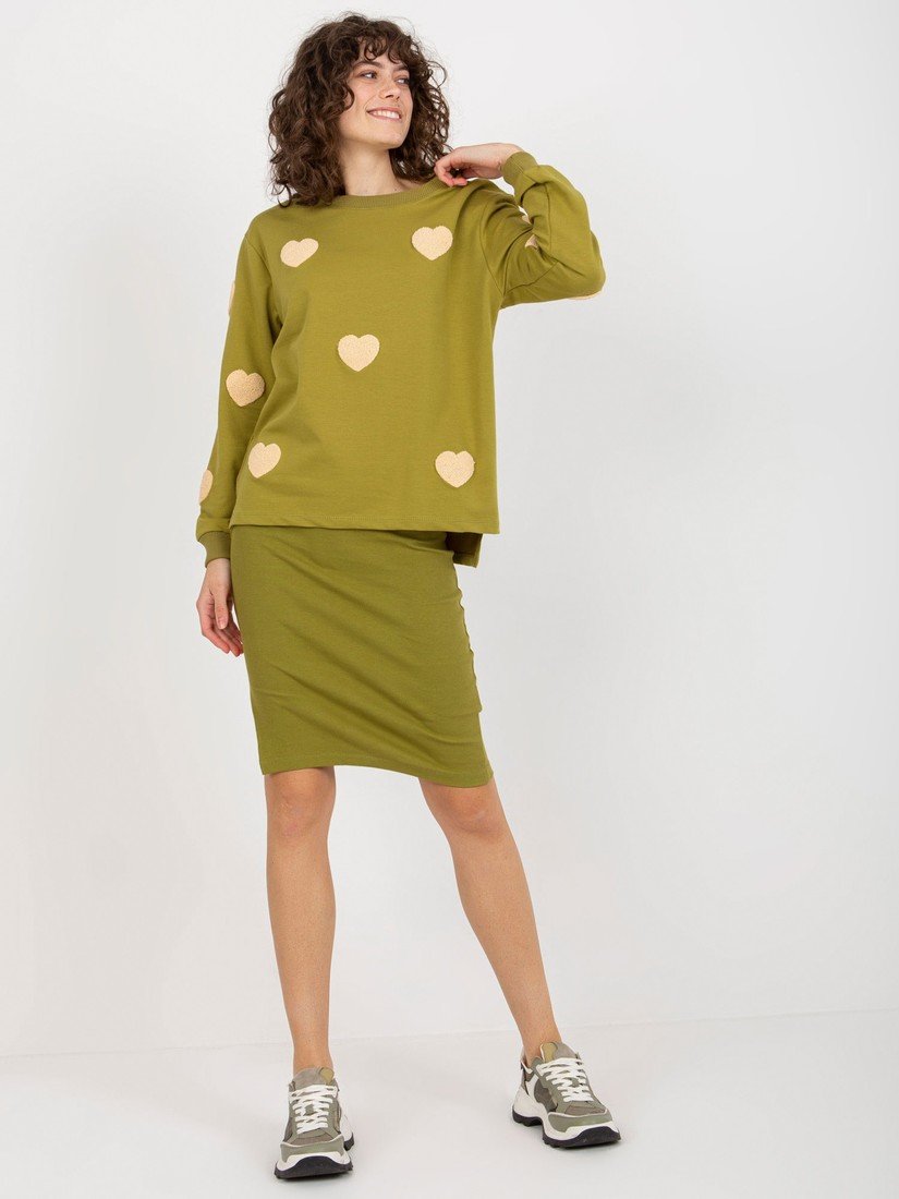 Olivový komplet šaty na ramínka a svetr se srdíčky FA-KMPL-8317.22-olive Velikost: S/M