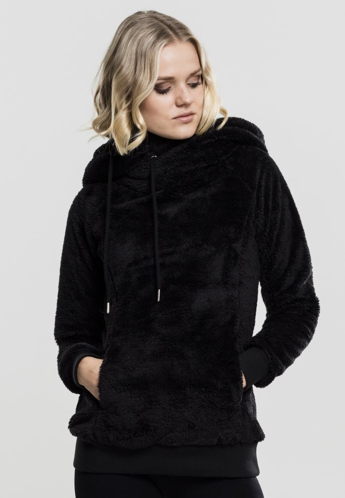 Ladies Long Teddy Hoody - black L