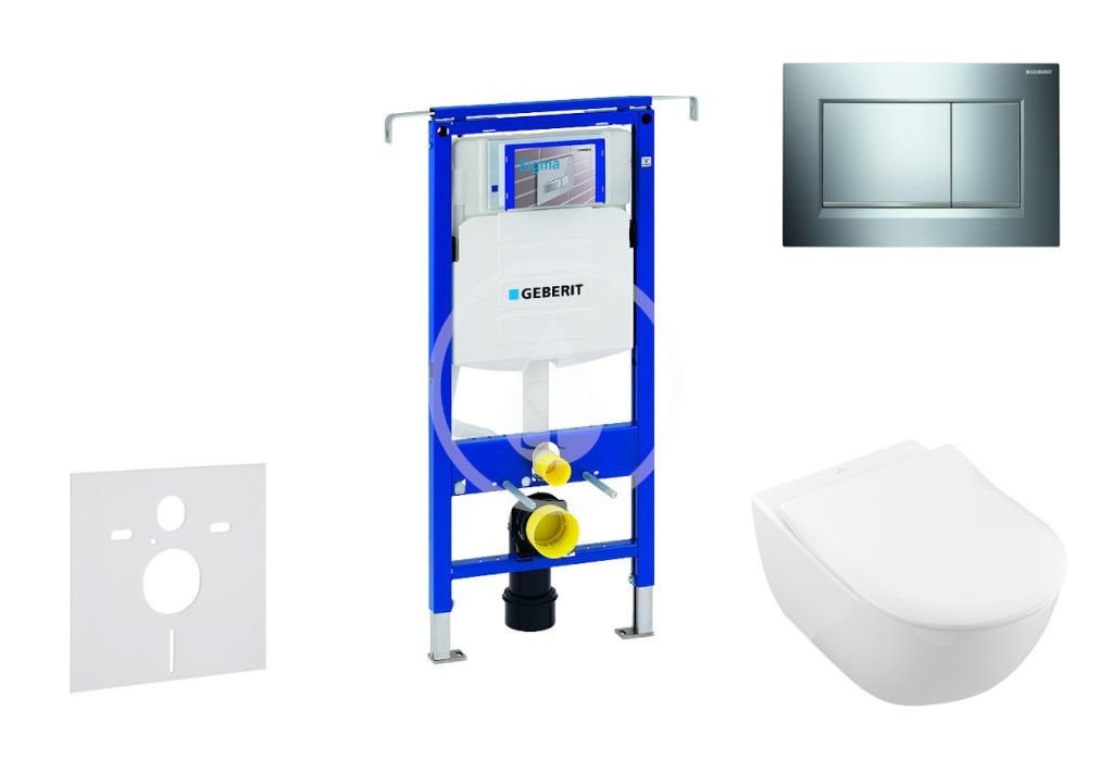 GEBERIT Duofix Modul pro závěsné WC s tlačítkem Sigma30, lesklý chrom/chrom mat + Villeroy Boch WC a sedátko, DirectFlush, SoftClose, CeramicPlus 111.355.00.5 NI6