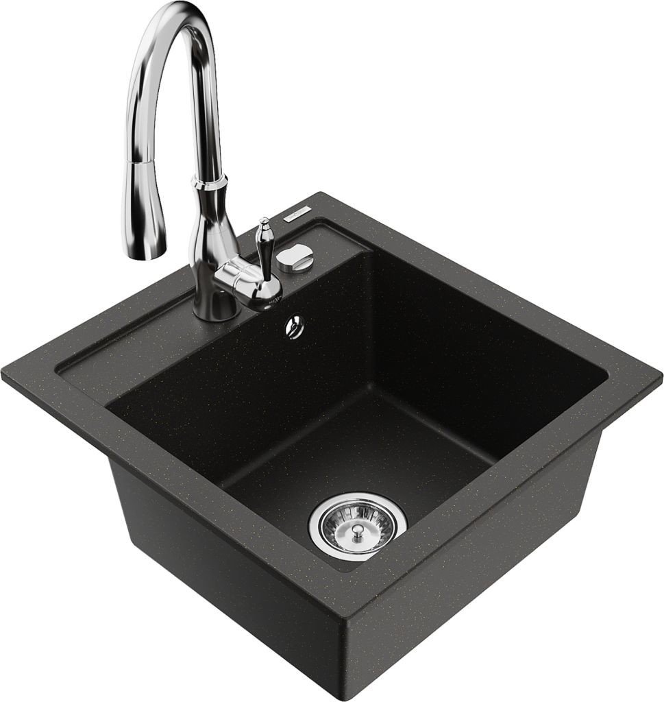 MEXEN/S Vitogranitový dřez 1-miska včetně baterie Savita, černá/zlatá metalik 6503-75-672601-00