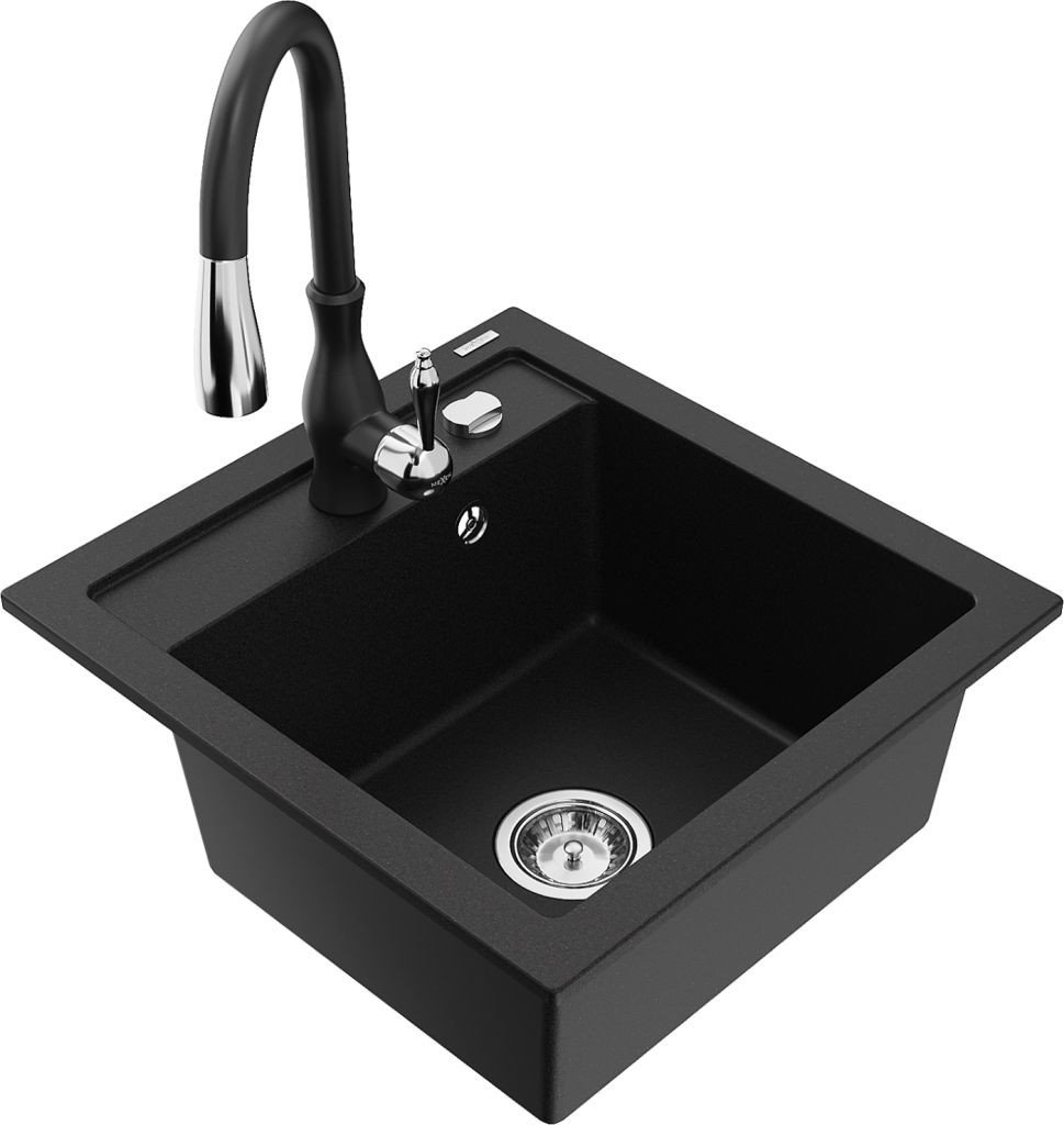 MEXEN/S Vitogranitový dřez 1-miska včetně baterie Savita, černá 6503-77-672601-70