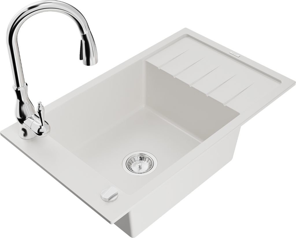 MEXEN/S Elias granitový dřez 1-miska s odkapávačem včetně baterie Savita, bílá 6511-20-672601-00