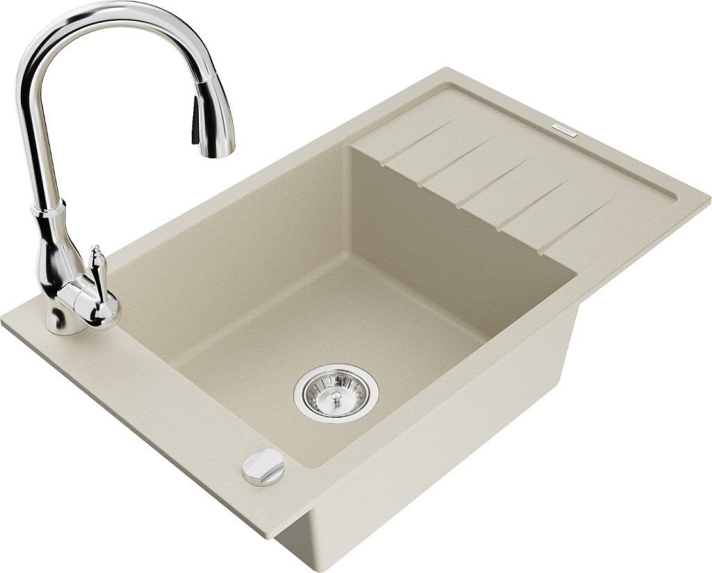 MEXEN/S Elias granitový dřez 1-miska s odkapávačem včetně baterie Savita, béžová 6511-69-672601-00