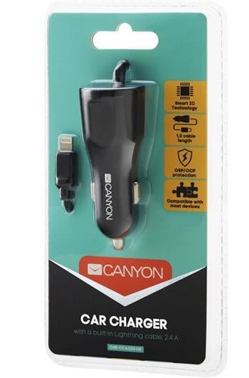 CANYON Univerzální 1xUSB auto nabíječka s lighting kabelem, Input 12V-24V, Output 5V-2.4A, Smart IC, černá