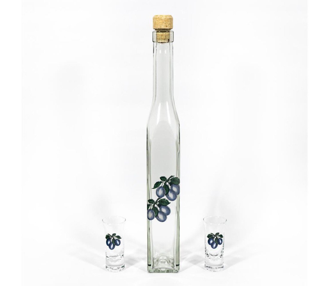 Sada 1x skleněná láhev hranatá a 2x sklenice na panáky čirá