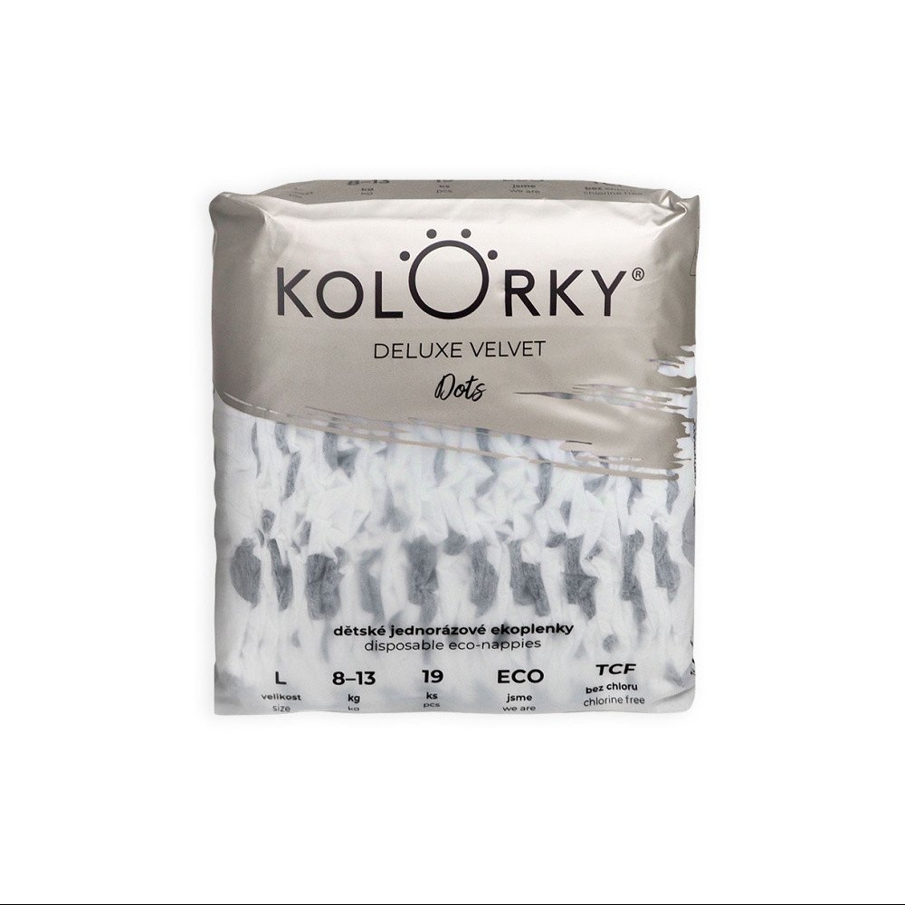 KOLORKY DELUXE VELVET - Puntíky - L (8-13 kg) - 19 ks - jednorázové eko plenky se sametovým povrchem