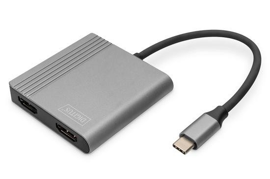 DIGITUS Adaptér USB-C - 2x HDMI, 18 cm 4K/30Hz, stříbrný, hliníkový kryt, DA-70828