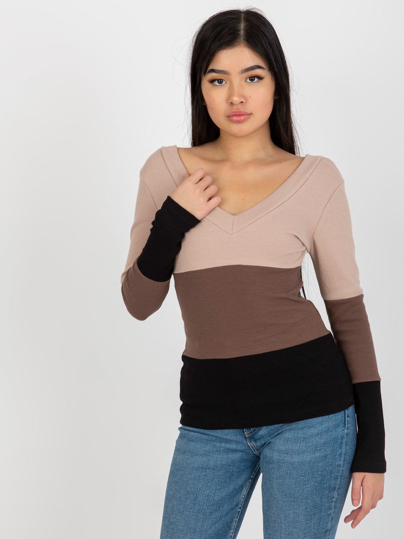 ČERNO-BÉŽOVÁ PRUHOVANÁ HALENKA DO V RV-BZ-8429.31P-BLACK-BEIGE Velikost: S/M