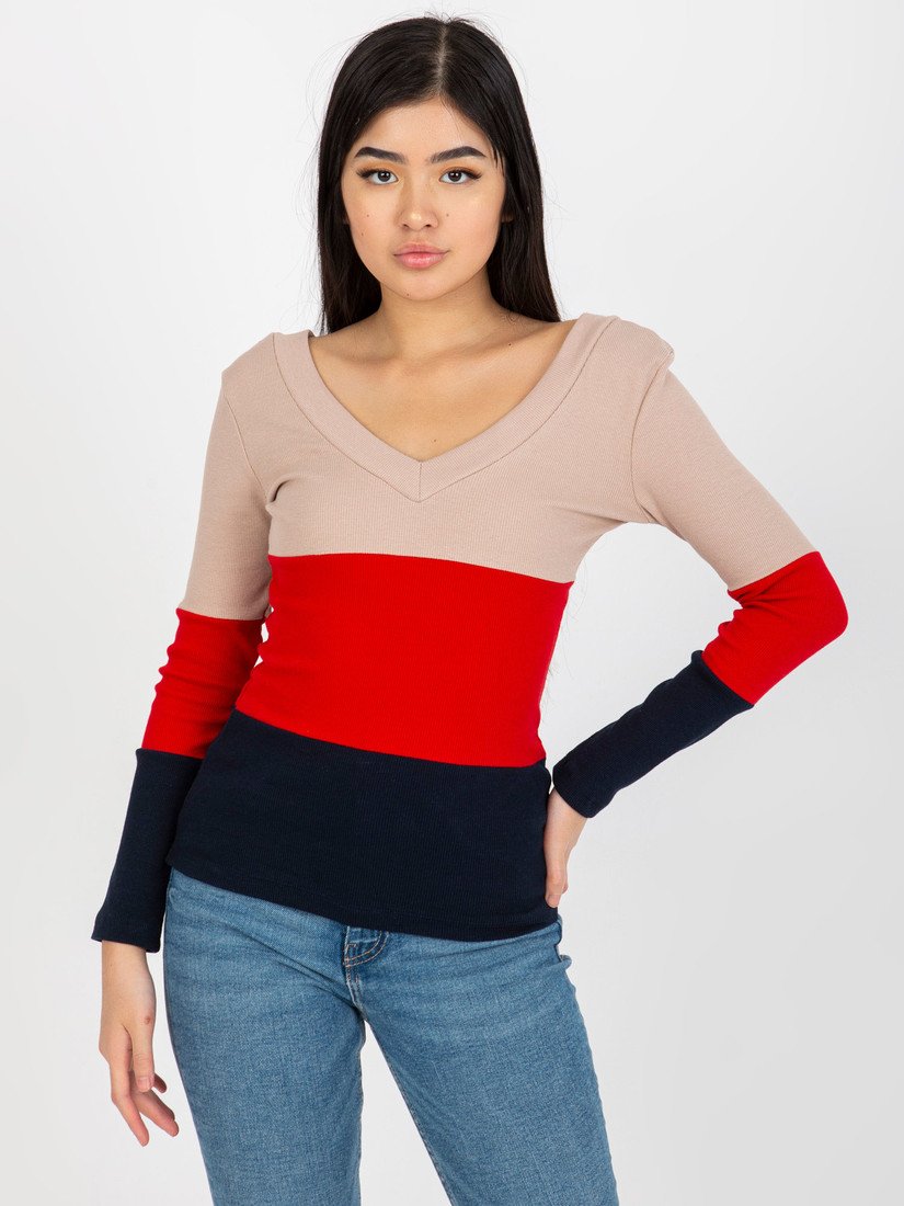 TMAVĚ MODRO-ČERVENÁ PRUHOVANÁ HALENKA DO V RV-BZ-8429.41P-DARK BLUE-RED Velikost: S/M