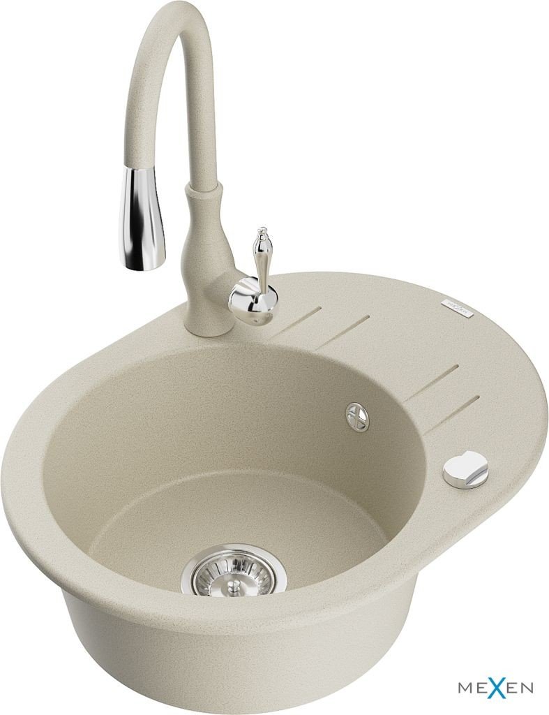 MEXEN/S Kevin granitový dřez 1 s odkapávačem včetně baterie Savita, beżowy 6517-69-672601-69