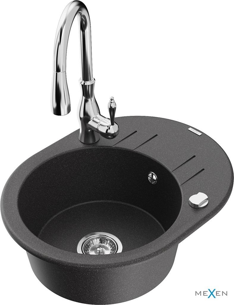 MEXEN/S Kevin granitový dřez 1 s odkapávačem včetně baterie Savita, černá kropenatá 6517-76-672601-00