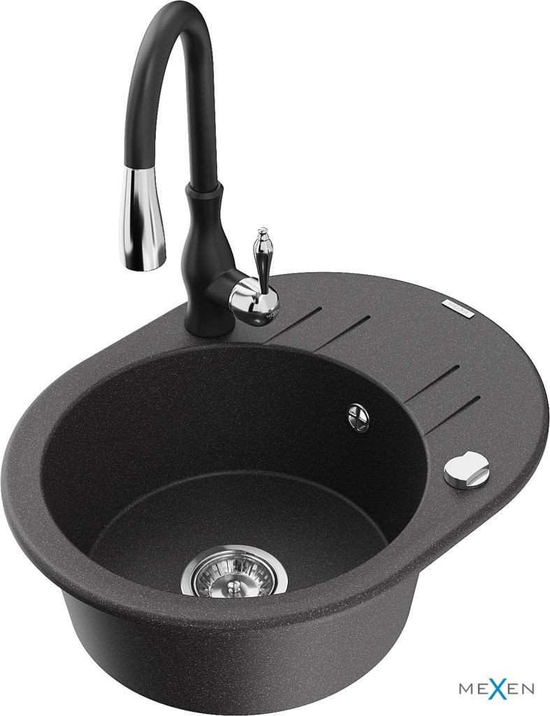 MEXEN/S Kevin granitový dřez 1 s odkapávačem včetně baterie Savita, černá kropenatá 6517-76-672601-70