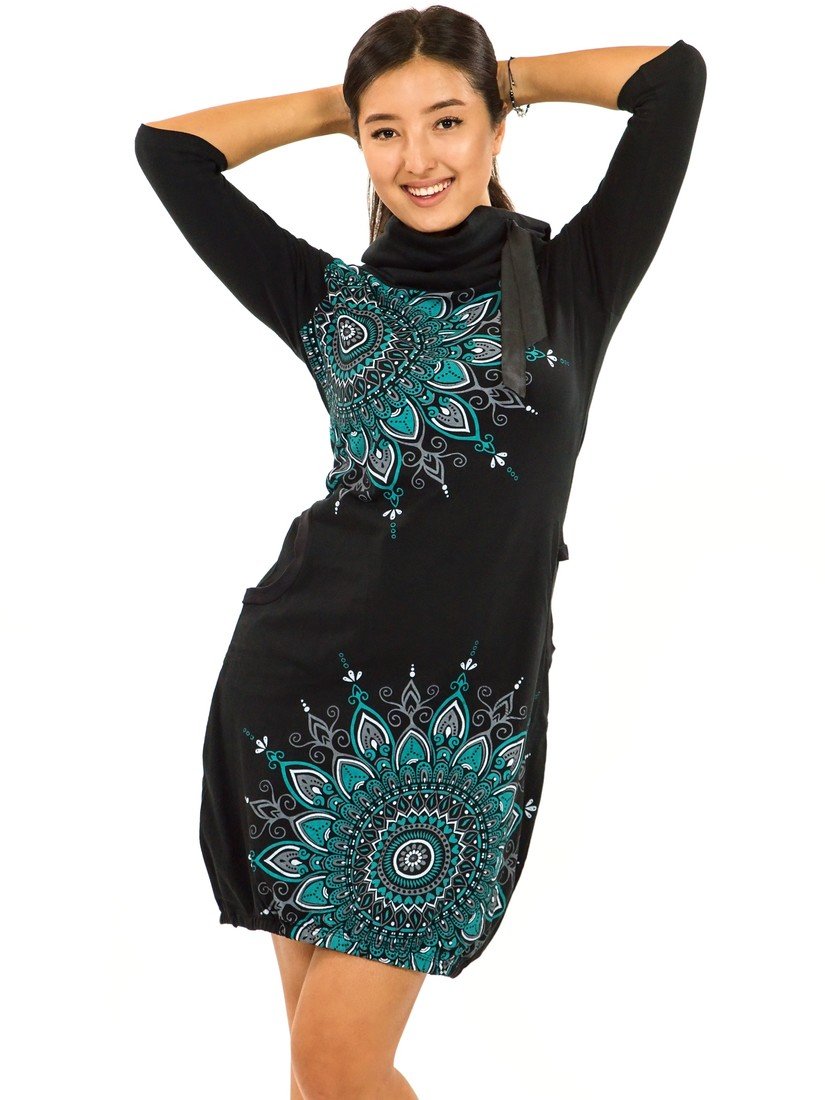 Himalife Balonové šaty s límcem Tara - černá s tyrkysovou Velikost: 4XL