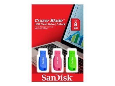 SanDisk Cruzer Blade - Jednotka USB flash - 32 GB - USB 2.0 - modrá, zelená, růžová (balení 3), SDCZ50C-032G-B46T