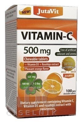 JuvaPharma Kft. JutaVit Vitamin C 500 mg žvýkací tablety, s vitamínem D3 a extraktem ze šípků, se sladidly, s příchutí pomeranče 1x100 ks 500mg