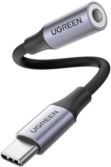 UGREEN adaptér USB-C - jack (M/F), opletený, 10cm, černá - 80154