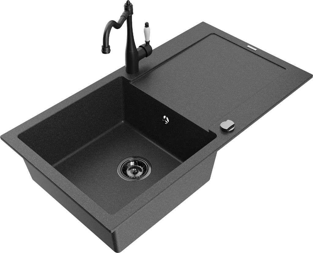 MEXEN/S Leogranitový dřez 1 s odkapávačem včetně baterie Carla, černá kropenatá 6501-76-670700-70-B
