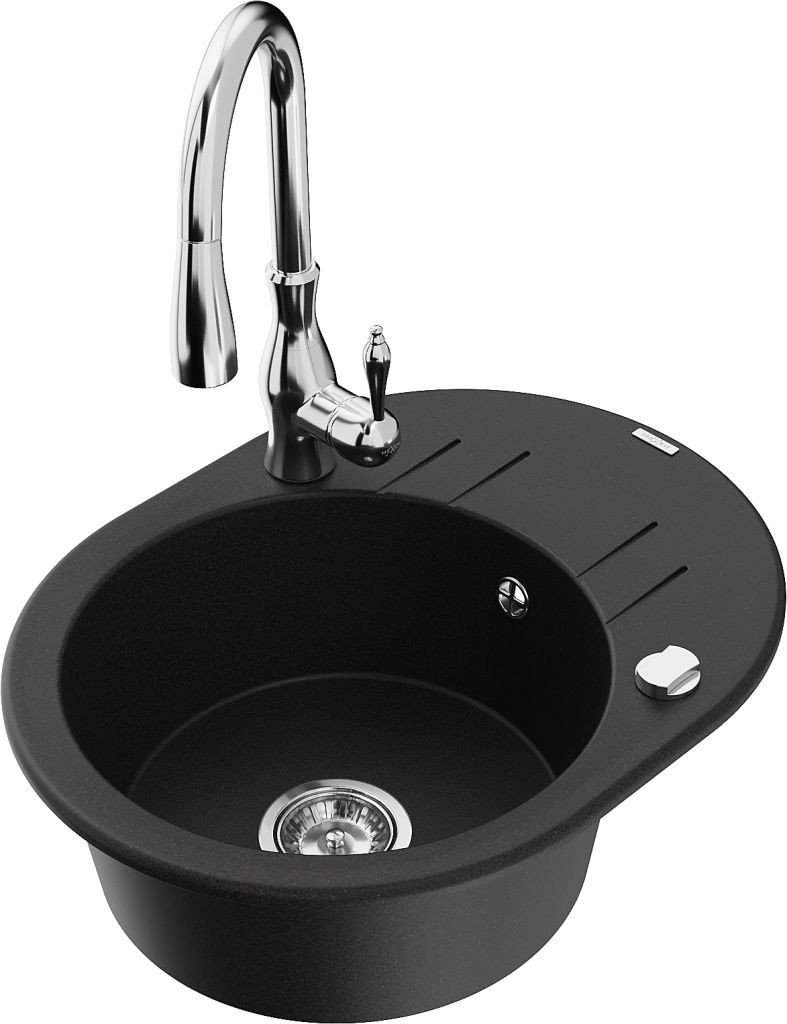 MEXEN/S Kevin granitový dřez 1 s odkapávačem včetně baterie Savita, černá 6517-77-672601-00