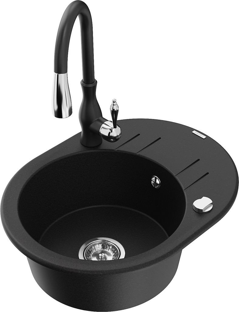 MEXEN/S Kevin granitový dřez 1 s odkapávačem včetně baterie Savita, černá 6517-77-672601-70