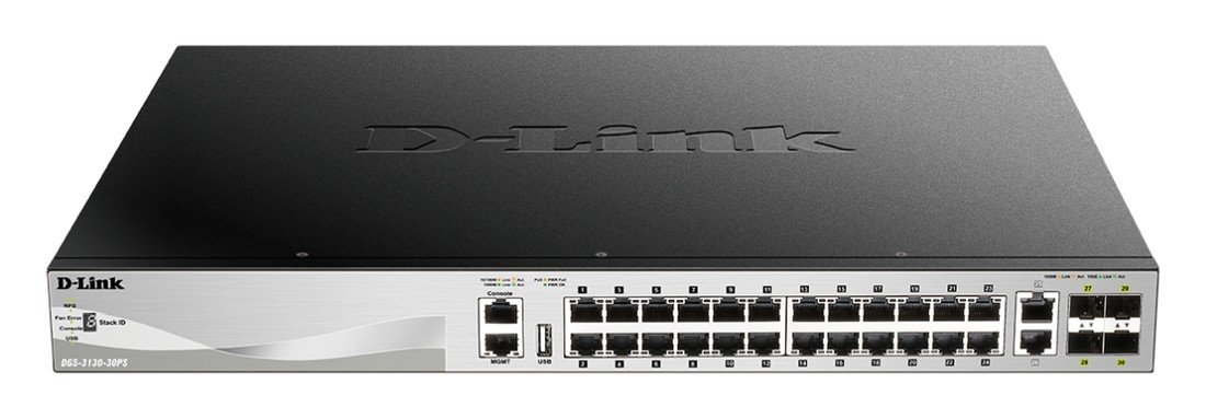 D-Link DGS-3130-30PS L3 Stck. Mng. PoE switch 24x GbE PoE+, 2x 10G RJ-45, 2x 10G SFP+, PoE 370W