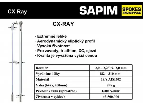 Sapim CX Ray drát stříbrný 284mm