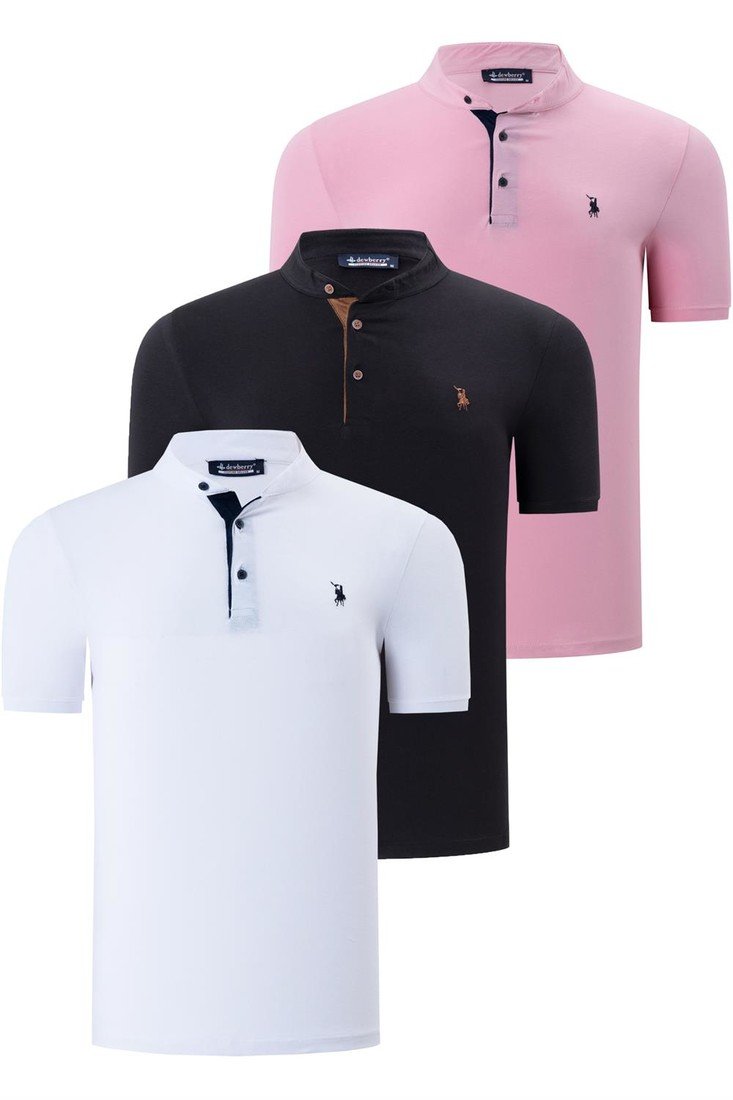 TRIPLE SET T8560 DEWBERRY MENS T-SHIRT-BLACK-WHITE-PINK