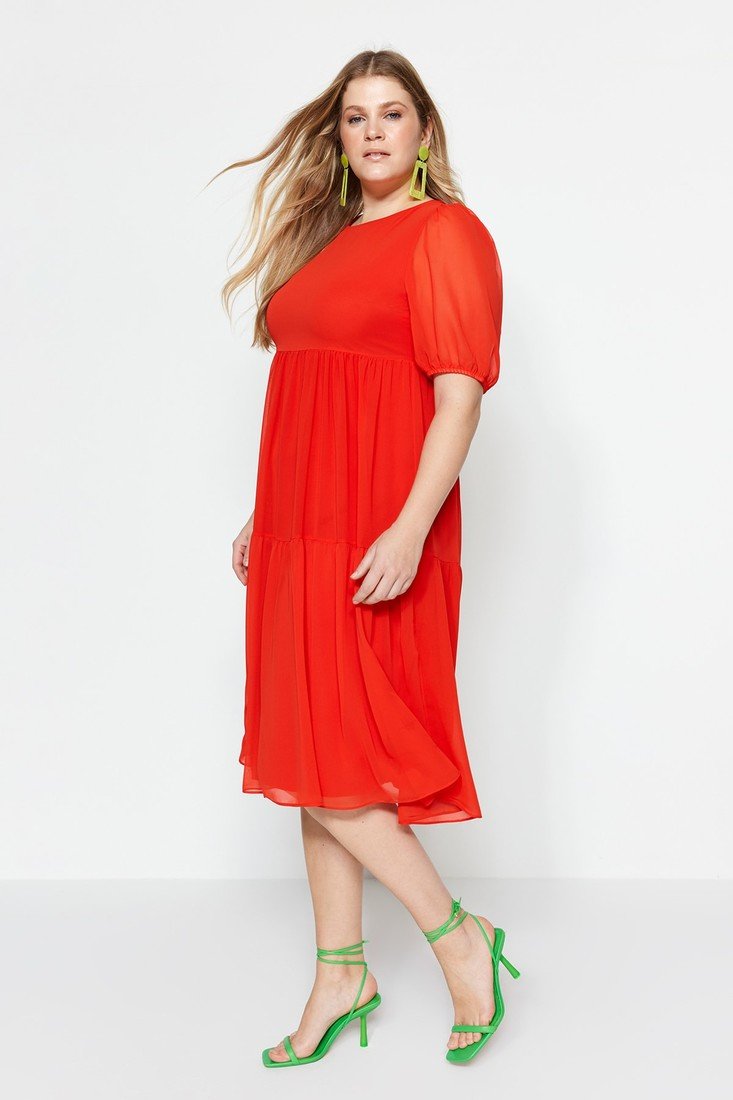 Trendyol Curve Red Ruffle Woven Chiffon Plus Size Dress