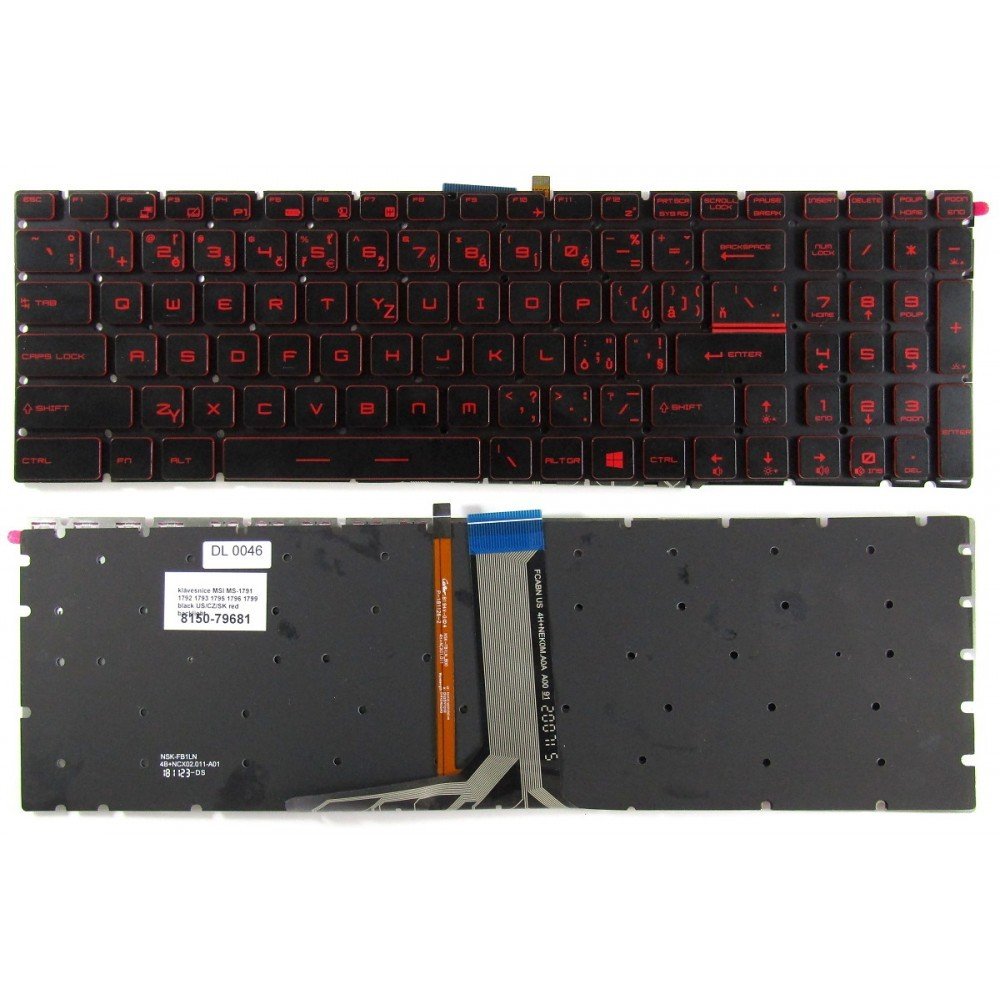 klávesnice MSI GS60 GT72 GE62 GL62 GL72 CX62 WS70 GS70 GV62 MS-1791 1792 1793 1795 černá US/CZ/SK dotisk podsvit