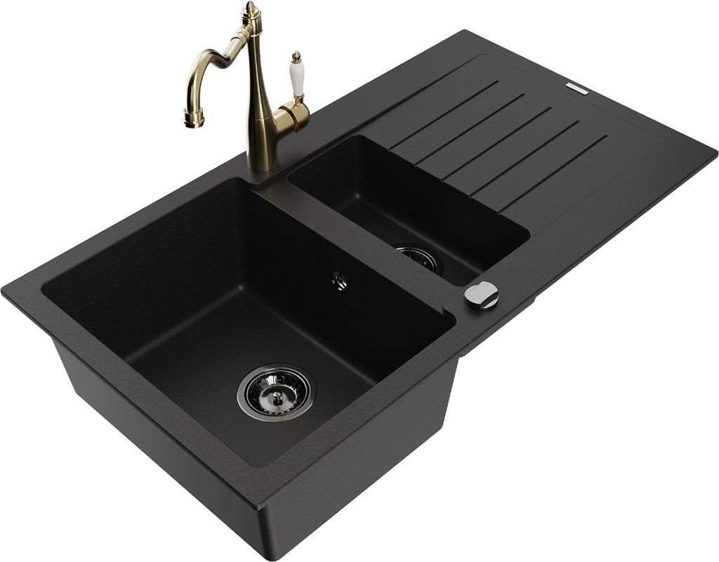 MEXEN/S MatiasMatias granitový dřez 1.5 s odkapávačem včetně baterie Carla, černá 6502-77-670700-50-B
