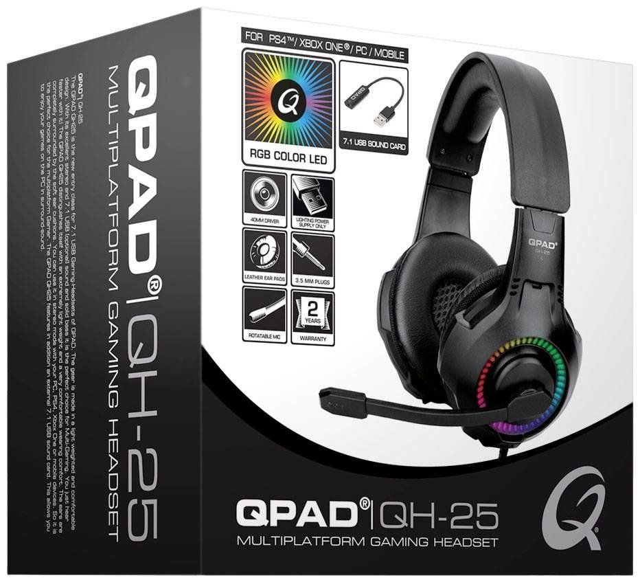 QPAD QH25 Gaming Sluchátka Over Ear kabelová 7.1 Surround černá, RGB