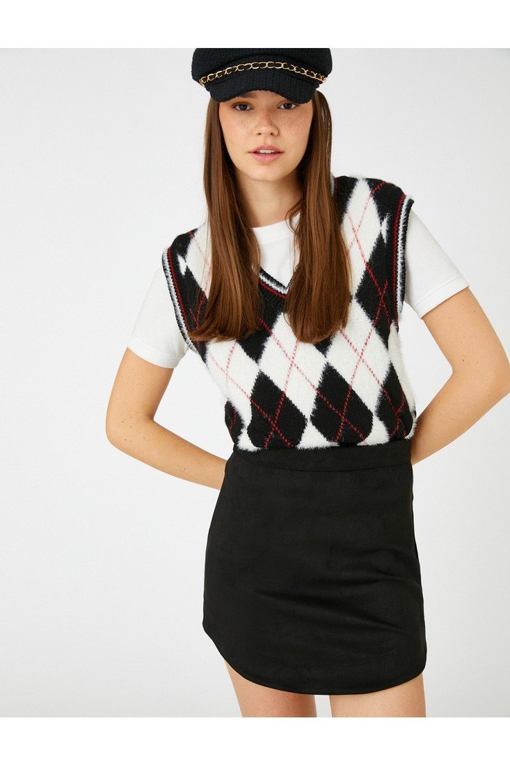 Koton Mini Skirt Suede Look High Waist Asymmetrical Cut