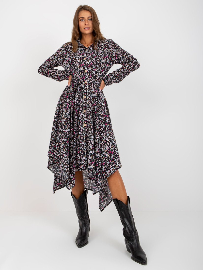 Černé šaty s drobnými květy CHA-SK-0445-3.67P-black Velikost: S/M